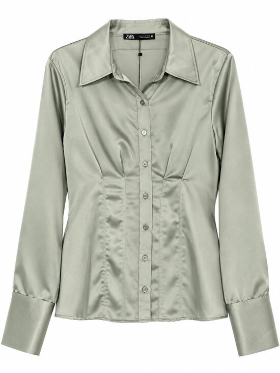 Zara Tops - ZARA Y2K Sage Green Cinched Waist Long Sleeve Satin Button Front Blouse Size M